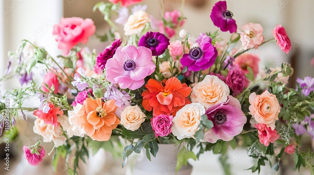 Vibrant floral arrangement in a vase, featuring anemones, roses, and other blossoms in a mix of pinks, oranges, and purples. Vibrant floral arrangement in a vase, featuring anemones, roses, and other blossoms in a mix of pinks, oranges, and purples.