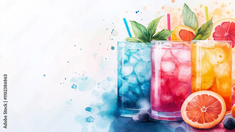 A vibrant Dry January banner featuring colorful mocktails with ice, garnished with fruits and mint leaves against a soft watercolor background A vibrant Dry January banner featuring colorful mocktails with ice, garnished with fruits and mint leaves against a soft watercolor background