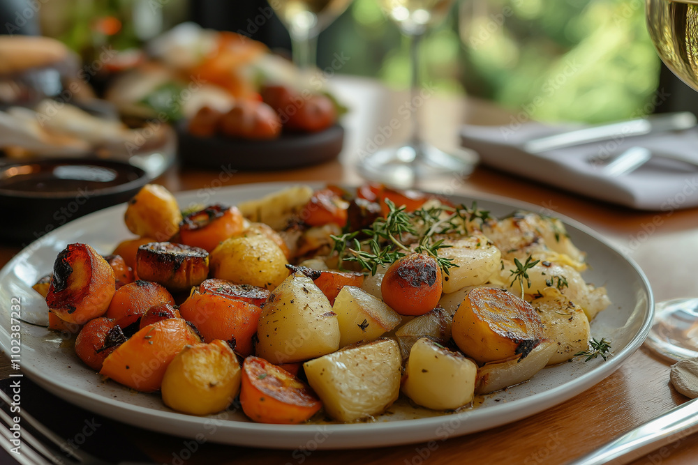 A minimalistic plate of roasted vegetables, including carrots, potatoes, and herbs, displayed on a wooden table A minimalistic plate of roasted vegetables, including carrots, potatoes, and herbs, displayed on a wooden table