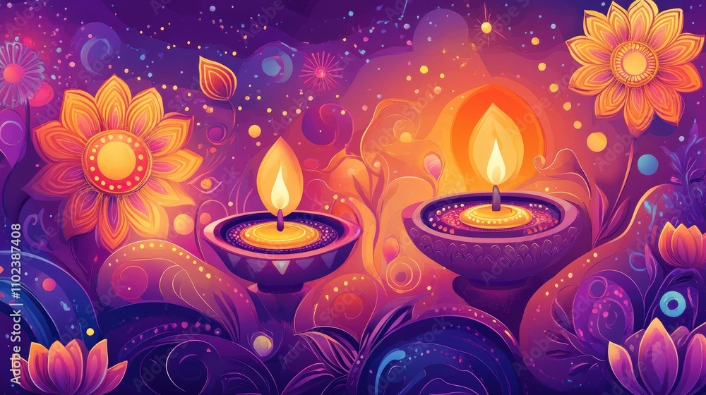 Festive diya lamps with vibrant floral designs and warm light, celebrating a cultural festival. Festive diya lamps with vibrant floral designs and warm light, celebrating a cultural festival.