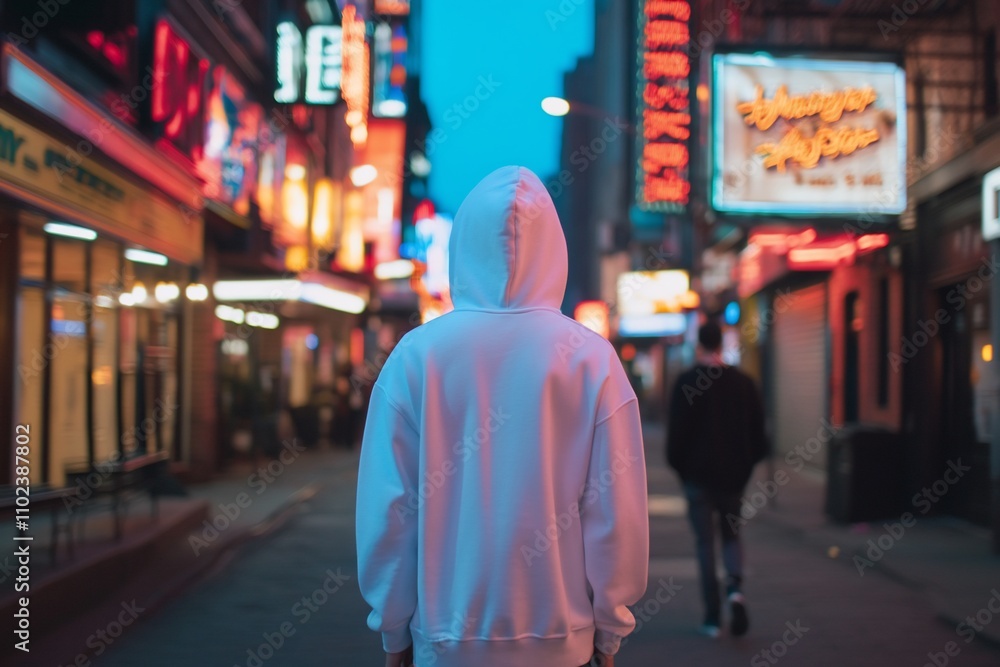 Person in hoodie walking city street at night, neon lights blurred background. Person in hoodie walking city street at night, neon lights blurred background.
