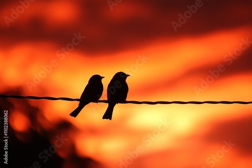 A pair of birds perched on a wire with a vivid orange sunset backdrop, showcasing a moment of tranquility and natural beauty as day turns to night. photo