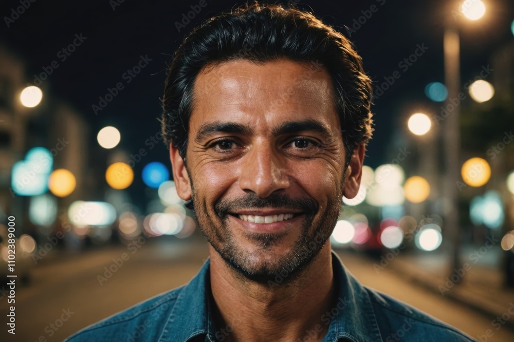 Close portrait of a smiling 40s Brazilian man looking at the camera, Brazilian city outdoors at night blurred background Close portrait of a smiling 40s Brazilian man looking at the camera, Brazilian city outdoors at night blurred background