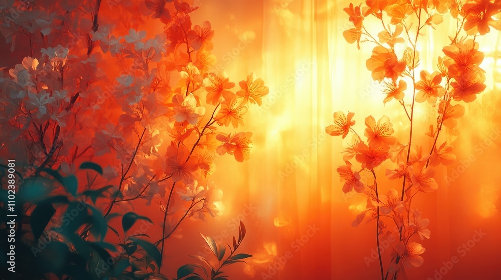 A serene blend of blossoms illuminated by warm light, creating a tranquil atmosphere. A serene blend of blossoms illuminated by warm light, creating a tranquil atmosphere.
