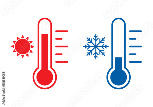 Temperature scale symbol set - Hot and Cold weather sign. Red and blue thermometer scale with sun and snowflake icon flat style isolated on a white background,  Vector illustration EPS 10. 
