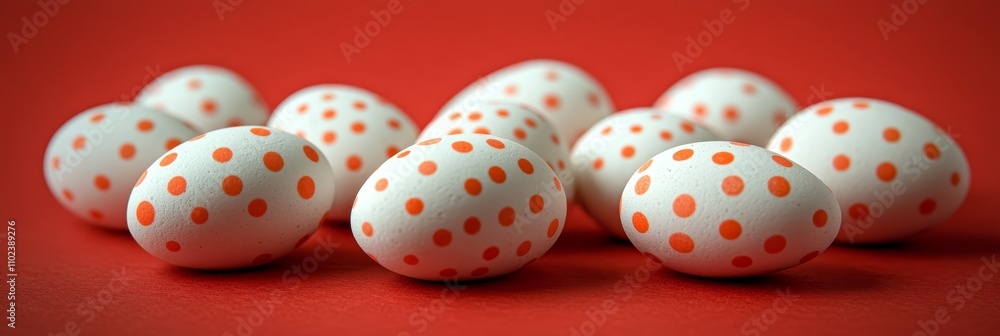 Festive White Easter Eggs Decorated with Orange Polka Dots on a Vibrant Red Background Festive White Easter Eggs Decorated with Orange Polka Dots on a Vibrant Red Background