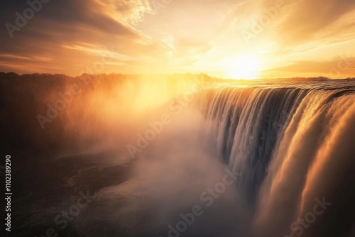 The golden sunrise casts a mystical glow over a thunderous waterfall, creating a captivating spectacle of nature's power and beauty with ethereal mist rising above. photo