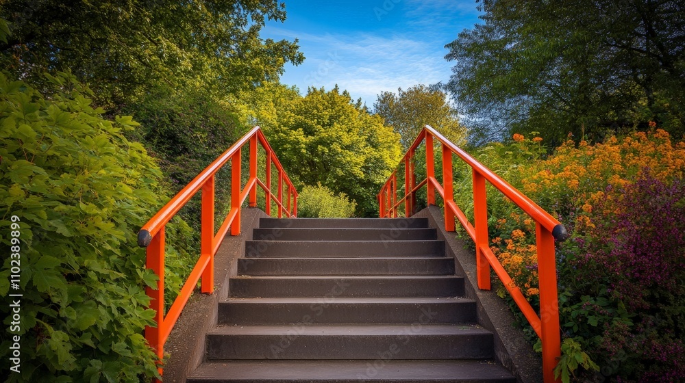 A beautiful orange bridge leading through a lush green garden under a bright blue sky. Nature invites you to explore and relax. A beautiful orange bridge leading through a lush green garden under a bright blue sky. Nature invites you to explore and relax.