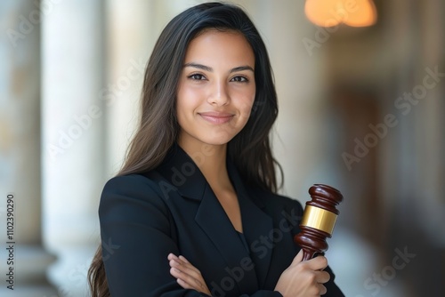 A female legal professional is indoors wearing a black suit and holding a gavel, representing authority, confidence, and empowerment within the legal field. photo