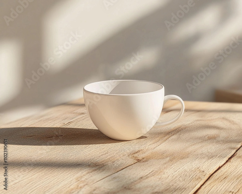 Ultra-realistic minimalistic white cup mockup on a wooden table with soft sunlight casting shadows, perfect for showcasing beverage designs. Generative AI