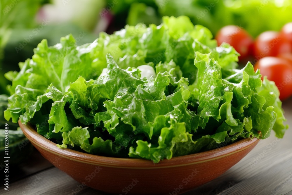 A close-up image of crisp green lettuce leaves piled high in a wooden bowl, perfect for creating a fresh and healthy salad with a touch of rustic charm. A close-up image of crisp green lettuce leaves piled high in a wooden bowl, perfect for creating a fresh and healthy salad with a touch of rustic charm.