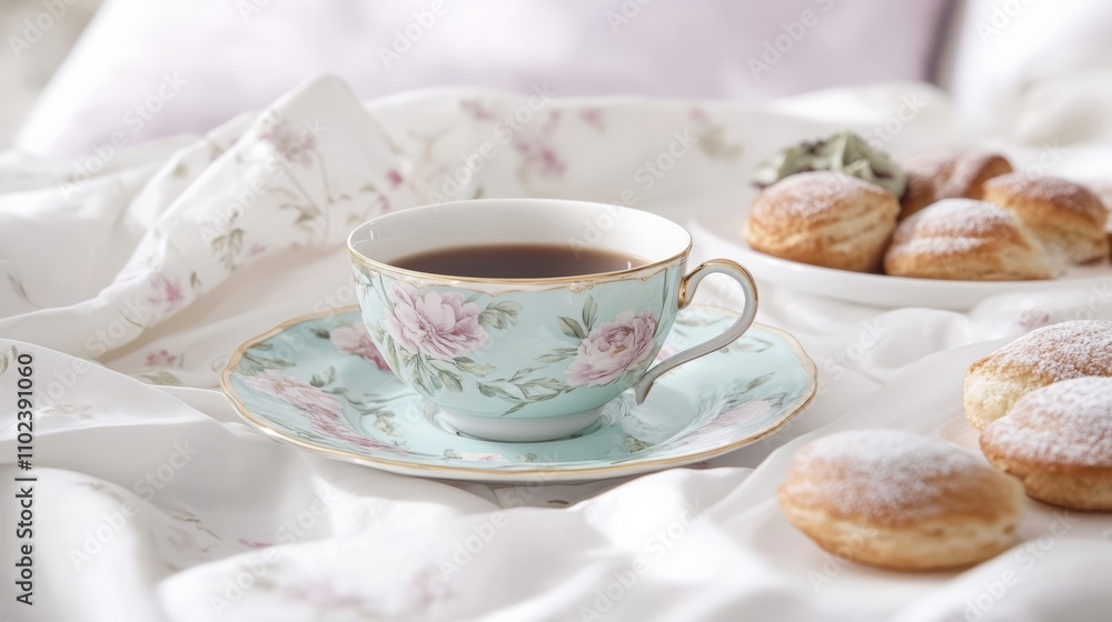 Elegant tea cup on a soft blanket with sweet pastries and flowers nearby for a cozy tea time experience Elegant tea cup on a soft blanket with sweet pastries and flowers nearby for a cozy tea time experience