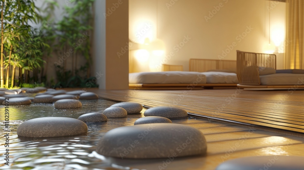 A serene Zen living room with minimalist bamboo furniture A serene Zen living room with minimalist bamboo furniture