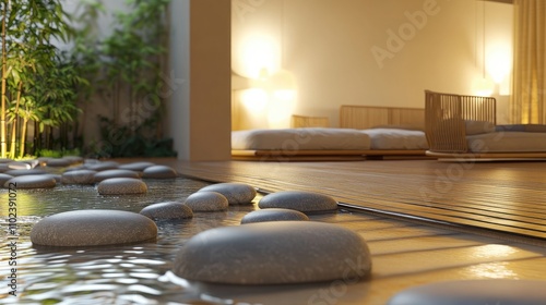 A serene Zen living room with minimalist bamboo furniture