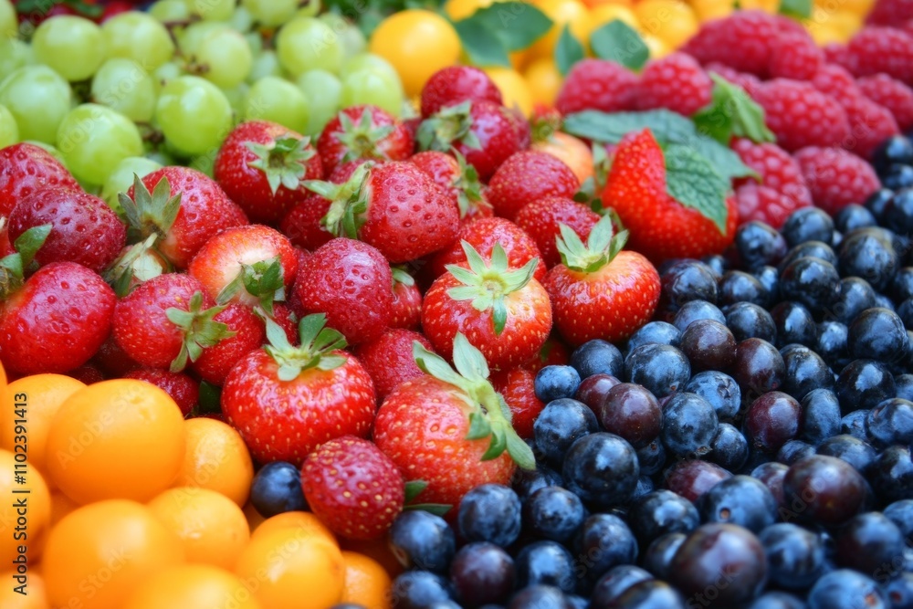 A vivid display of strawberries, grapes, and oranges is artfully arranged, showcasing intense colors and textures that convey vibrancy and freshness. A vivid display of strawberries, grapes, and oranges is artfully arranged, showcasing intense colors and textures that convey vibrancy and freshness.