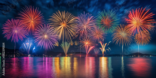 Vibrant fireworks exploding over waterfront cityscape during evening festival 