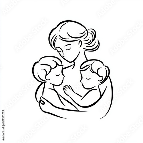 A minimalistic drawing of a mother with two children in her arms.