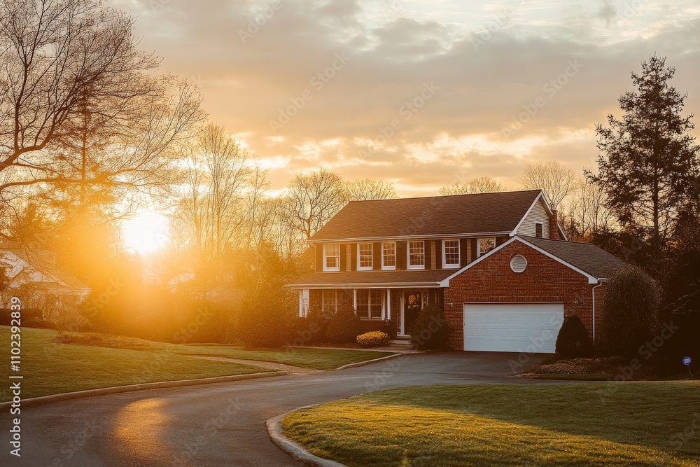 A picturesque two-story brick house is illuminated by the golden hues of a sunset, surrounded by leafless trees, on a serene and welcoming suburban street. A picturesque two-story brick house is illuminated by the golden hues of a sunset, surrounded by leafless trees, on a serene and welcoming suburban street.