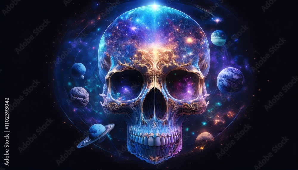 Skull with space and planets in background Skull with space and planets in background