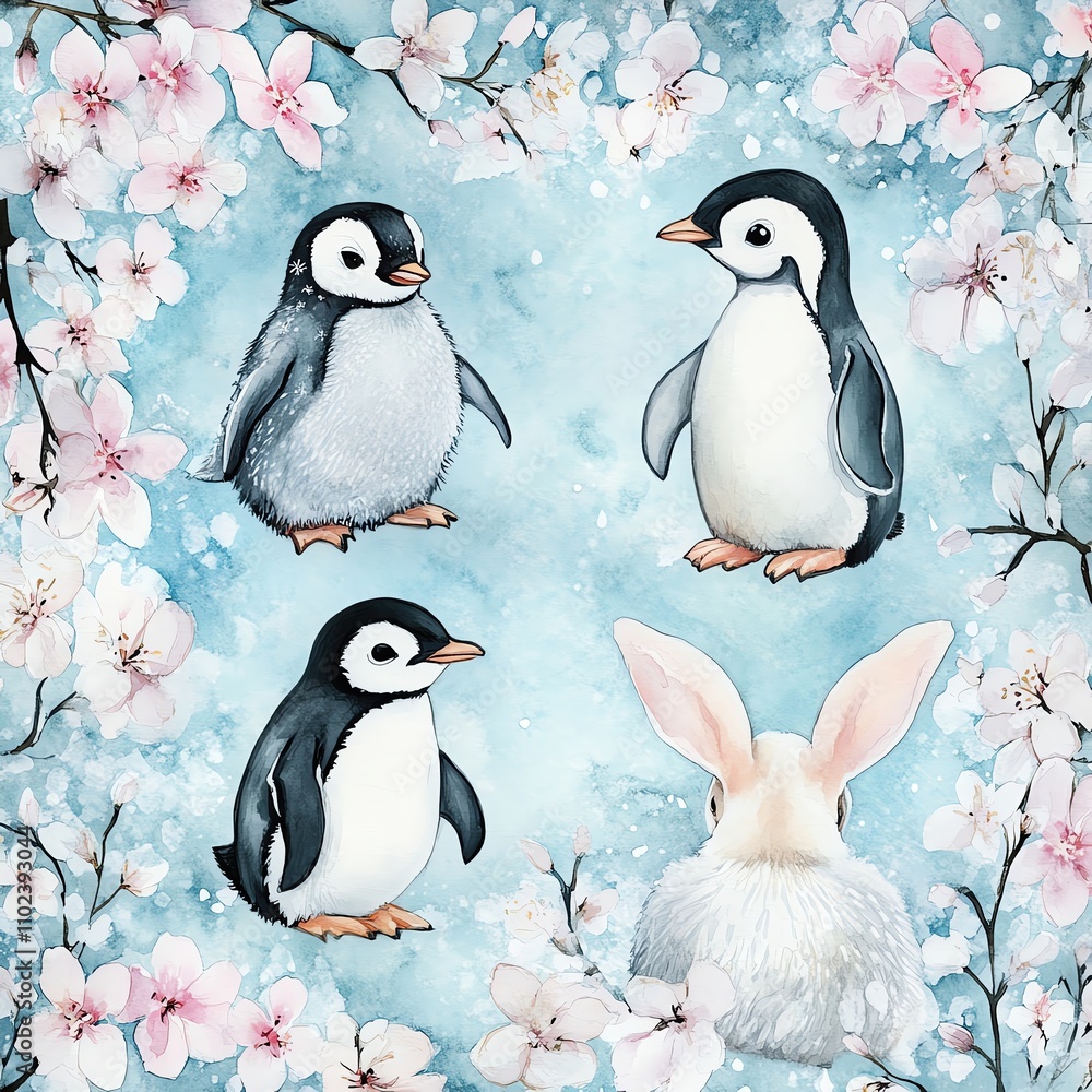Obraz premium Collection set watercolor penguins and arctic hares surrounded by pastel snow blossoms