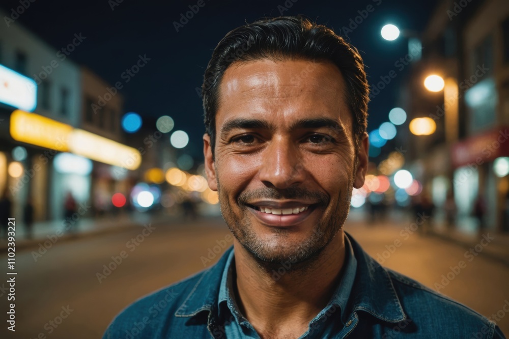 Close portrait of a smiling 40s Colombian man looking at the camera, Colombian city outdoors at night blurred background Close portrait of a smiling 40s Colombian man looking at the camera, Colombian city outdoors at night blurred background