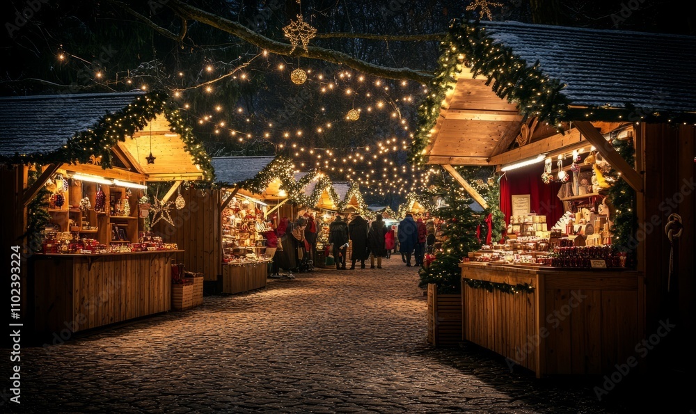 A beautiful high-resolution image of a Christmas market scene showcasing vendors selling handmade, eco-friendly products, with warm lights and decorations A beautiful high-resolution image of a Christmas market scene showcasing vendors selling handmade, eco-friendly products, with warm lights and decorations