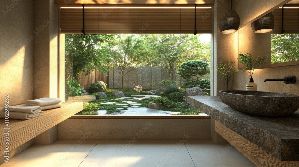 Fototapeta premium A tranquil bathroom with a sleek stone sink