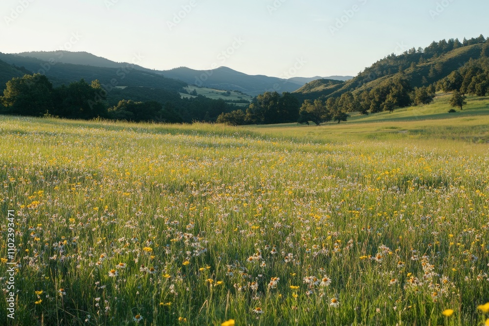 A vibrant meadow, alive with a rainbow of wildflowers, stretches out towards distant mountains, embodying the joy of spring and the beauty of untouched countryside. A vibrant meadow, alive with a rainbow of wildflowers, stretches out towards distant mountains, embodying the joy of spring and the beauty of untouched countryside.