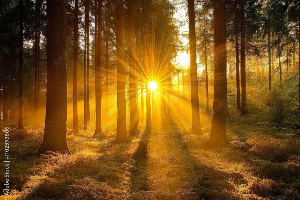Obraz premium In a dense forest, radiant sunbeams pierce through towering trees, spreading warmth and light across the forest floor, inspiring a sense of wonder and awe in nature.