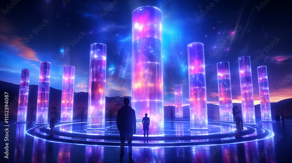 A futuristic scene featuring glowing pillars and silhouettes against a vibrant cosmic backdrop, creating a mesmerizing and ethereal atmosphere. A futuristic scene featuring glowing pillars and silhouettes against a vibrant cosmic backdrop, creating a mesmerizing and ethereal atmosphere.