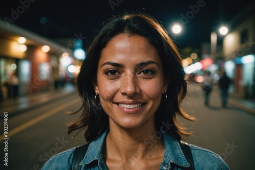 Close portrait of a smiling 40s Costa Rican woman looking at the camera, Costa Rican city outdoors at night blurred background photo