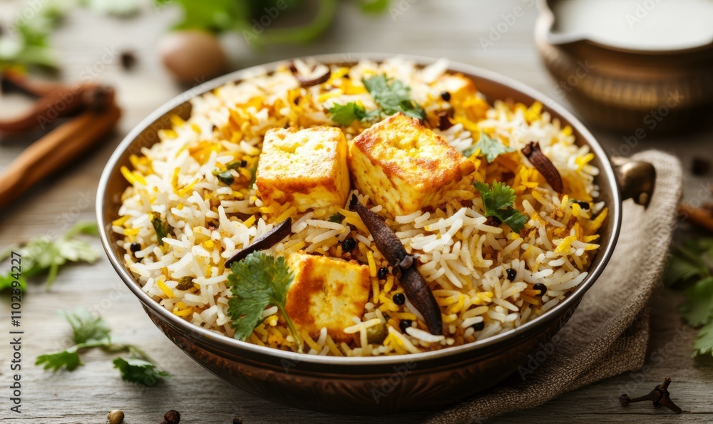 A beautifully styled serving spoon full of paneer biryani set against a traditional Indian pot, with herbs and spices artfully scattered around A beautifully styled serving spoon full of paneer biryani set against a traditional Indian pot, with herbs and spices artfully scattered around