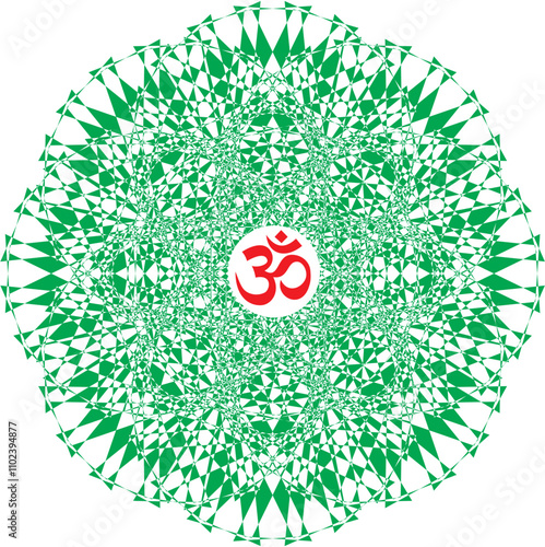 Openwork green elegant mandala on a white background. The sign aum, om, ohm in the center. Yellow, orange colors. Vector graphics.