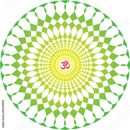Openwork green and yellow elegant mandala on a white background. The sign aum, om, ohm in the center. Yellow, orange colors. Vector graphics.