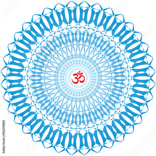 Openwork elegant mandala in blue tones on a white background. The sign aum, om, ohm in the center. Blue and light blue colors. Vector graphics.