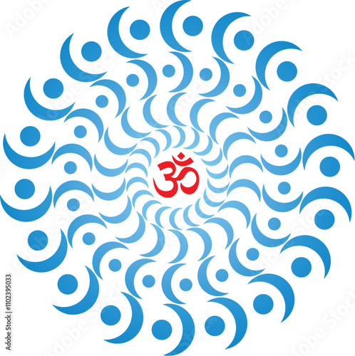 Openwork elegant mandala in blue tones on a white background. The sign aum, om, ohm in the center. Blue and light blue colors. Vector graphics.