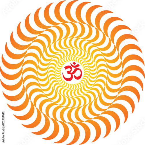 Openwork yellow-orange elegant mandala on a white background. The sign aum, om, ohm in the center. Yellow, orange colors. Vector graphics.