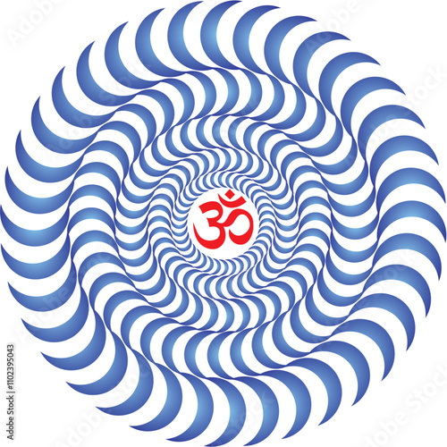 Openwork mandalas of blue color with red signs Aum, Om, Ohm. Vector graphics