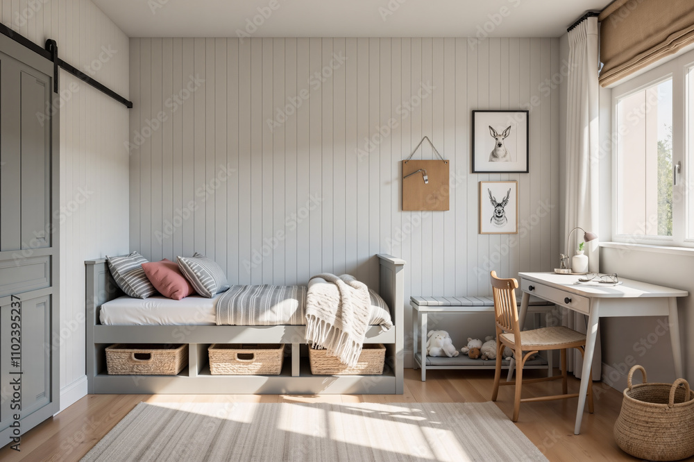Stylish Minimalist Child's Bedroom with Neutral Tones and Natural Light Stylish Minimalist Child's Bedroom with Neutral Tones and Natural Light