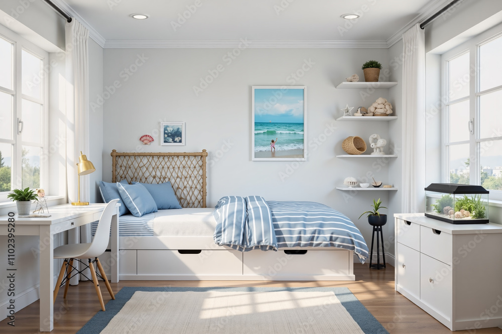 Fototapeta premium Cozy Coastal-Themed Bedroom with Natural Light and Modern Decor