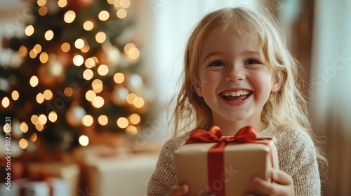 A delightful young girl grins broadly as she clutches a beautifully wrapped present, set against the backdrop of a warmly lit Christmas tree and festive atmosphere.