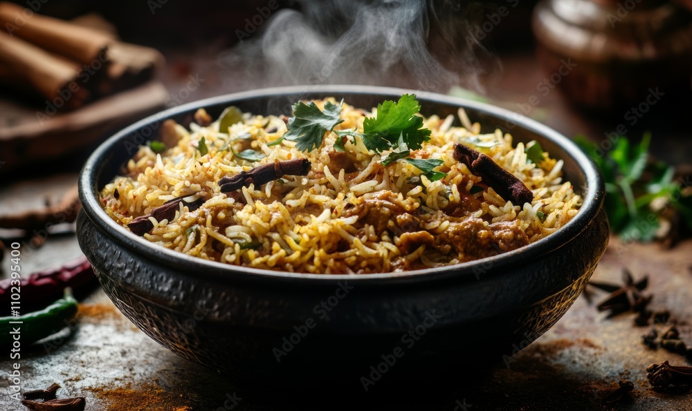 A beautifully styled shot of a pot of biryani, with steam rising and spices artfully arranged, inviting viewers to experience the aroma A beautifully styled shot of a pot of biryani, with steam rising and spices artfully arranged, inviting viewers to experience the aroma