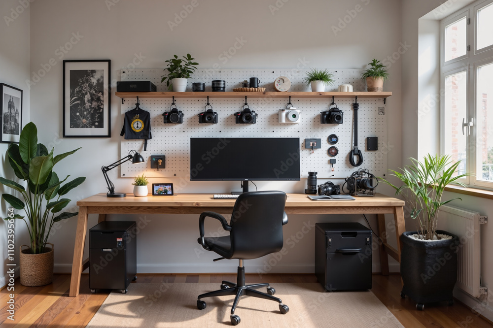 Stylish Home Office with Camera Equipment and Modern Decor Stylish Home Office with Camera Equipment and Modern Decor