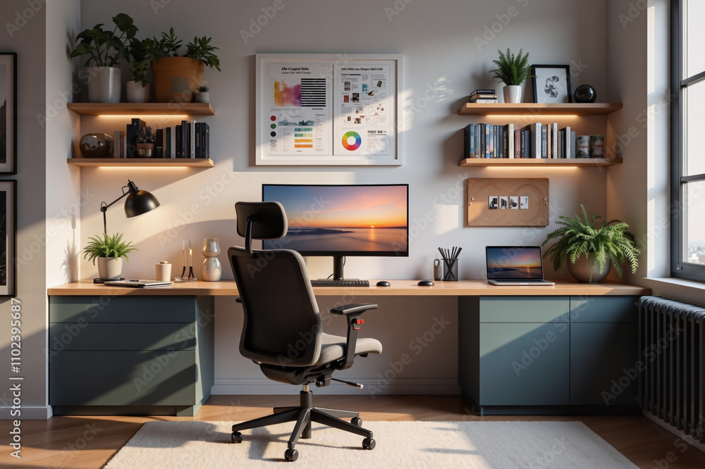Modern Home Office Workspace with Elegant Decor and Natural Light Modern Home Office Workspace with Elegant Decor and Natural Light