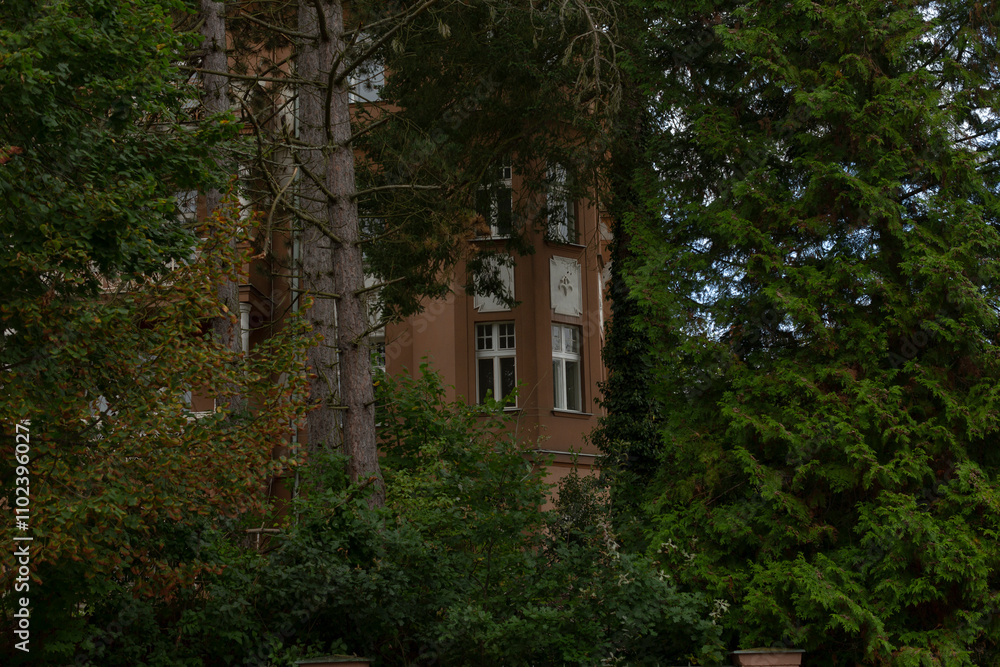 A large and impressive building stands tall, completely surrounded by a variety of trees and lush bushes that enhance its beauty A large and impressive building stands tall, completely surrounded by a variety of trees and lush bushes that enhance its beauty