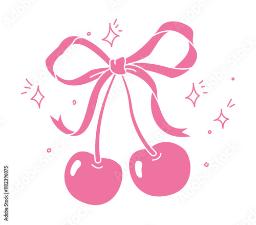 Two cherries Tied together with a decorative Ribbon Bow. Cute Valentine gift. y2k aesthetic.  Vector  illustration with Pink Coquette Cherries, stars and bow in retro style