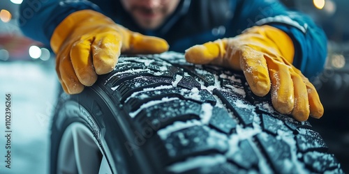 A man in yellow rubber gloves and mittens rolls a wheel. photo