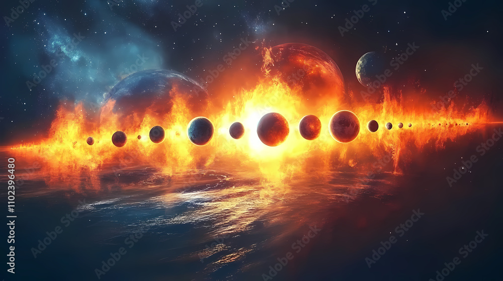 Fototapeta premium Cosmic convergence planets aligned in celestial symphony of light and fire. Ecliptic. Illustration