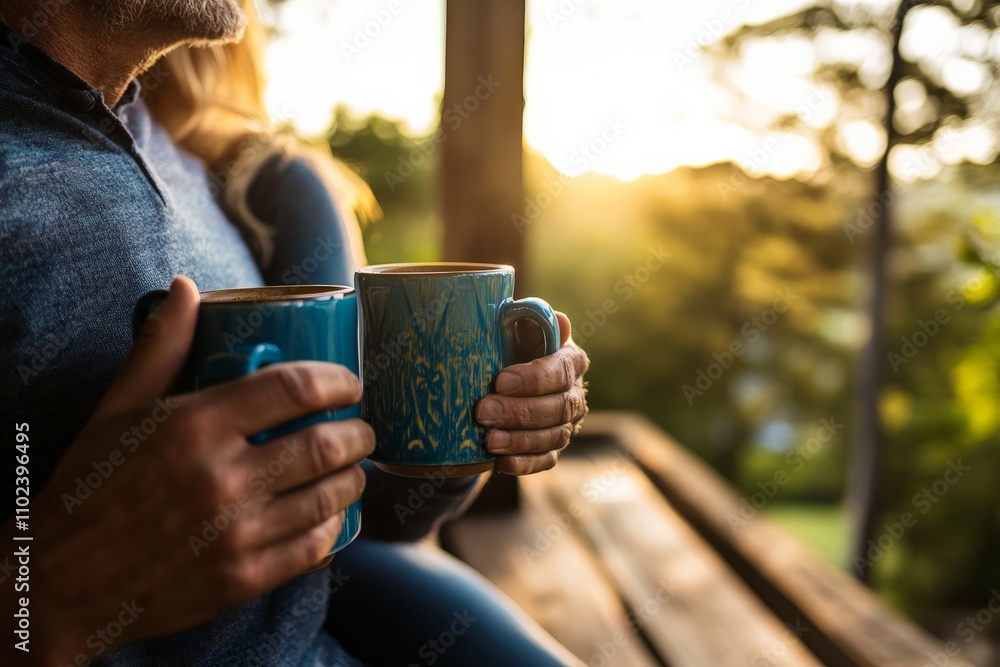 An older couple enjoys a quiet moment on a wooden bench, holding blue ceramic mugs. The peaceful scenery and warm tones convey tranquility and companionship. An older couple enjoys a quiet moment on a wooden bench, holding blue ceramic mugs. The peaceful scenery and warm tones convey tranquility and companionship.