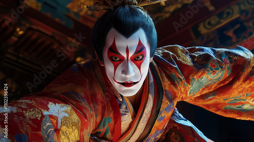 A Kabuki actor in vibrant traditional attire, his face painted with bold kumadori makeup, performing on an elaborately decorated stage photo